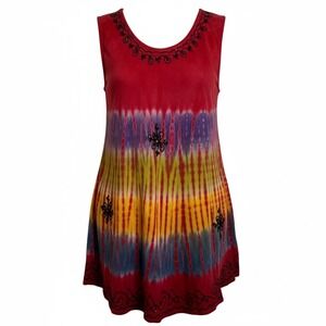 India Boutique Tie Dye Sequin Embroidered Tank Dress Red Purple Free Size